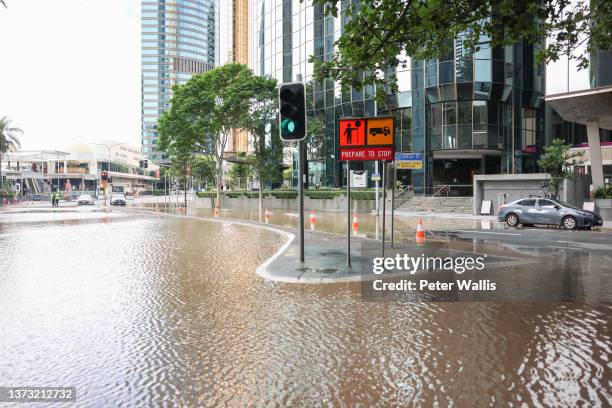 Flooding on Creek Street in the Brisbane CBD on February 28, 2022 in Brisbane, Australia. Parts of South-East Queensland are experiencing the worst...