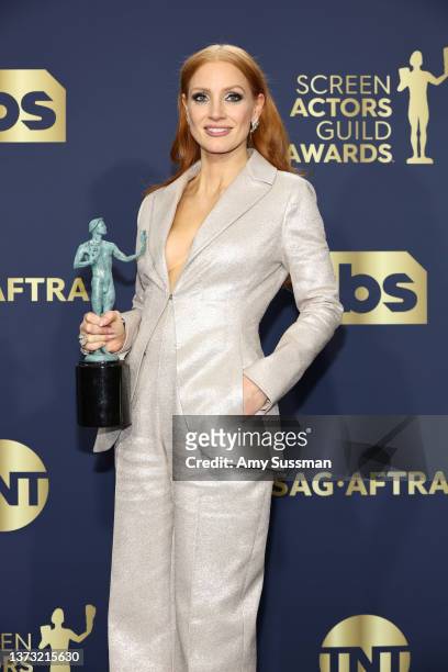 Jessica Chastain, winner of Outstanding Performance by a Female Actor in a Leading Role for The Eyes of Tammy Faye, poses in the press room during...