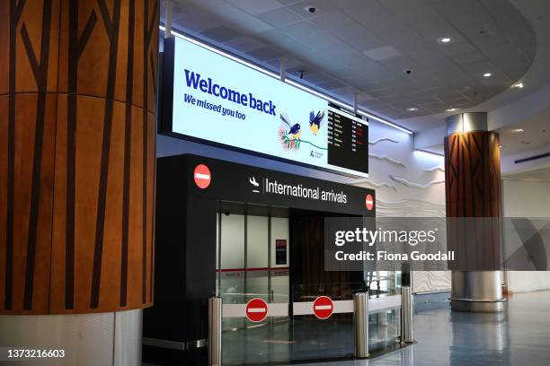 View of the Auckland International Airport arrivals lounge where passengers are welcomed from Sydney on the first flight from Australia on February...