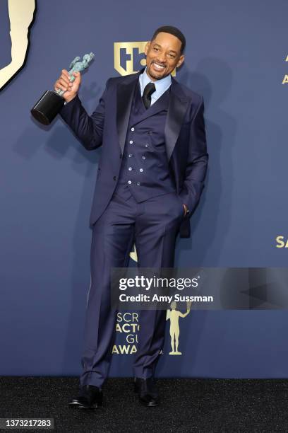 Will Smith, winner of Outstanding Performance by a Male Actor in a Leading Role for King Richard, poses in the press room during the 28th Annual...