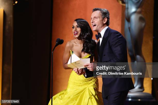 Kerry Washington and Tony Goldwyn speak onstage during the 28th Screen Actors Guild Awards at Barker Hangar on February 27, 2022 in Santa Monica,...