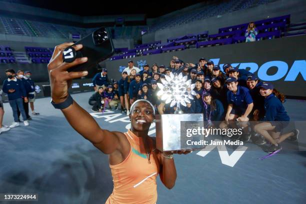 Sloane Stephens of United States poses with the champions trophy after winning the singles final match as part of day 7 of the AKRON WTA Zapopan Open...