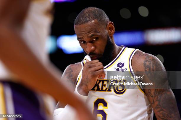 LeBron James of the Los Angeles Lakers reacts during a game against the New Orleans Pelicans in the second half at Crypto.com Arena on February 27,...