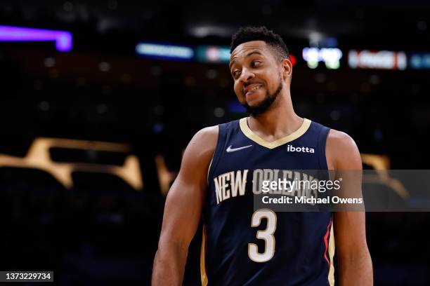 McCollum of the New Orleans Pelicans reacts during a game against the Los Angeles Lakers in the second half at Crypto.com Arena on February 27, 2022...