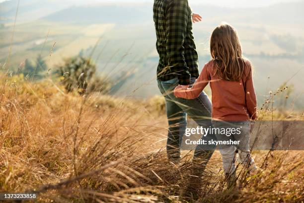 back view of a small girl and her single father on a hill. - long grass bildbanksfoton och bilder