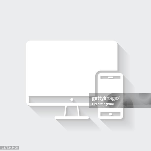 desktop computer and smartphone. icon with long shadow on blank background - flat design - computer with blank screen stock illustrations