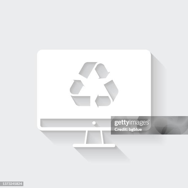 desktop computer with recycle symbol. icon with long shadow on blank background - flat design - computer recycling stock illustrations