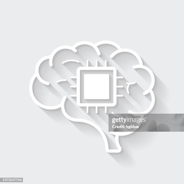 brain chip implant. icon with long shadow on blank background - flat design - 3d brain side view stock illustrations