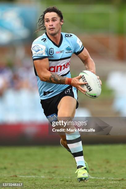 Nicho Hynes of the Sharks in action during the NRL Trial Match between the Cronulla Sharks and the Canterbury Bulldogs at PointsBet Stadium on...