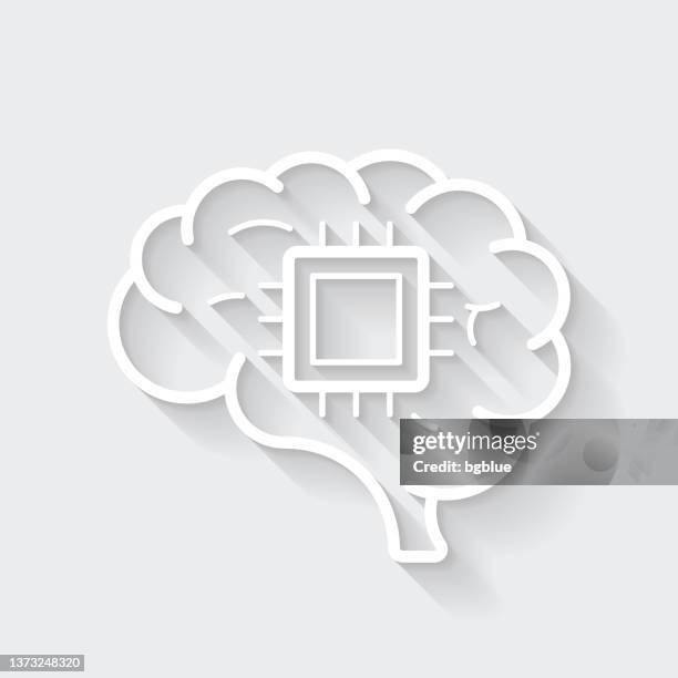 brain chip implant. icon with long shadow on blank background - flat design - robot head 3d stock illustrations