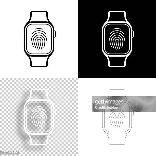 ilustrações, clipart, desenhos animados e ícones de smartwatch com impressão digital. ícone para design. fundo em branco, branco e preto - ícone da linha - impressão digital do polegar