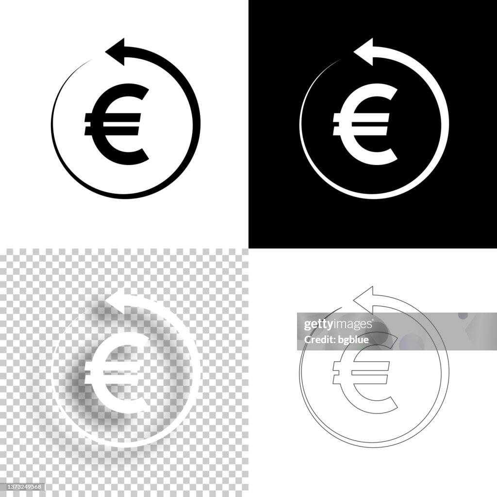Euro com flecha traseira. Ícone para design. Fundo em branco, branco e preto - Ícone da linha