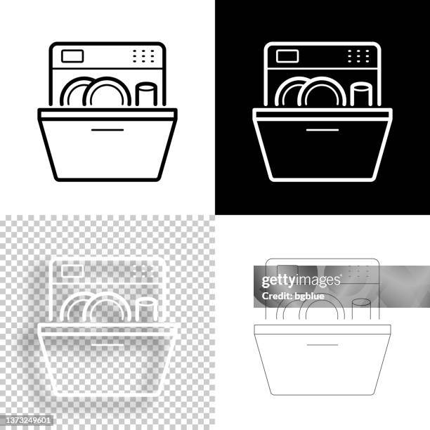 ilustraciones, imágenes clip art, dibujos animados e iconos de stock de lavavajillas. icono para el diseño. fondos en blanco, blancos y negros - icono de línea - vajilla