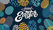 HAPPY EASTER typography on abstract background with egg shaped geometry. Colorful vector wallpaper with lettering, calligraphy for spring holiday, greeting card.