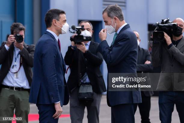 Spanish Prime Minister Pedro Sanchez receives King Felipe VI of Spain on day 1 of the GSMA Mobile World Congresson February 28, 2022 in Barcelona,...