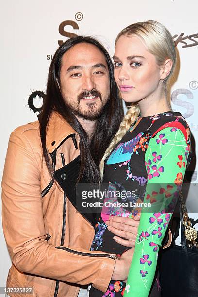 Steve Aoki and girlfriend Tiernan Cowling arrive at Steve Aoki's record release event celebrating "Wonderland" at SupperClub Los Angeles on January...