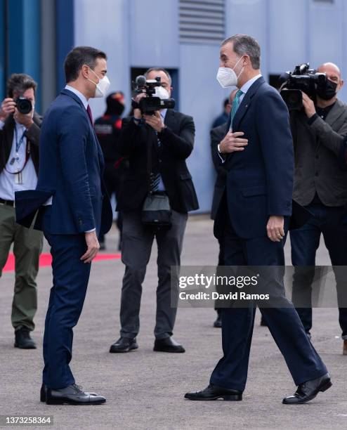 Spanish Prime Minister Pedro Sanchez receives King Felipe VI of Spain on day 1 of the GSMA Mobile World Congresson February 28, 2022 in Barcelona,...