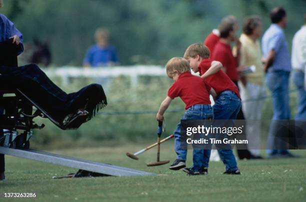British Royals Prince Harry and Prince William, both wearing red polo shirts and jeans, playing with polo mallets at Cirencester Park Polo Club in...