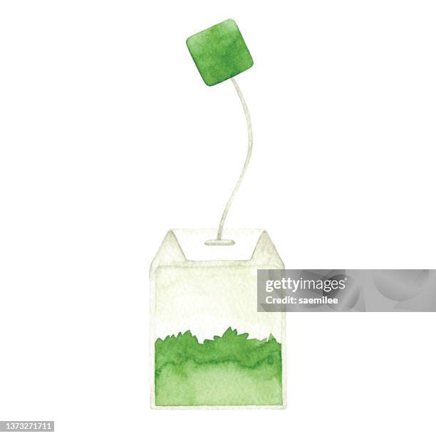 watercolor green tea bag - green tea stock illustrations