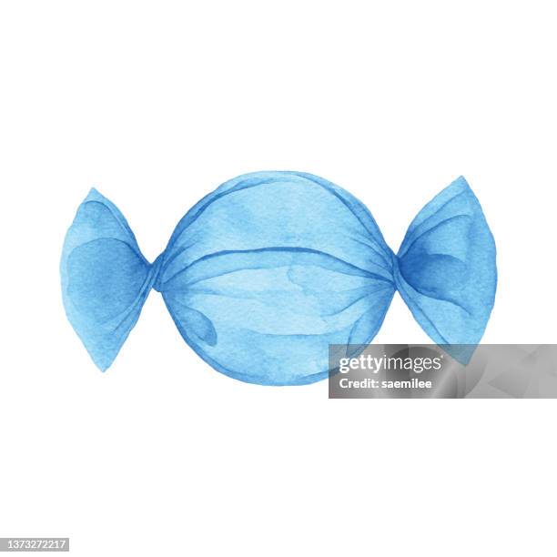 ilustraciones, imágenes clip art, dibujos animados e iconos de stock de caramelo de acuarela en envoltura azul - envoltorio de dulce