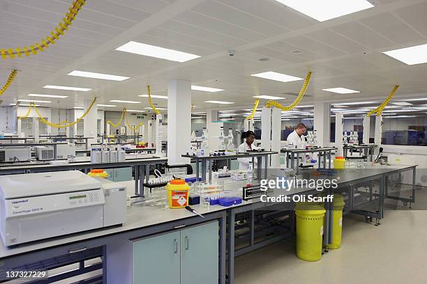 Analysts work in the anti-doping laboratory which will test athlete’s samples from the London 2012 Games on January 19, 2012 in Harlow, England. The...