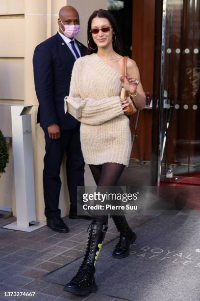 Bella Hadid is seen leaving her hotel on February 28, 2022 in Paris, France.