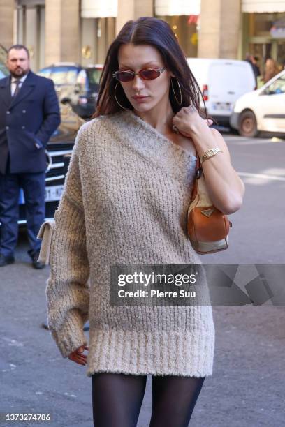 Bella Hadi is seen arriving at an hotel on February 28, 2022 in Paris, France.