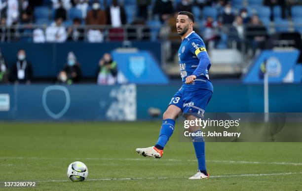 Adil Rami of Troyes during the Ligue 1 Uber Eats match between ESTAC Troyes and Olympique de Marseille at Stade de l'Aube on February 27, 2022 in...