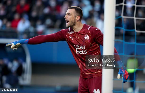 Goalkeeper of Marseille Pau Lopez during the Ligue 1 Uber Eats match between ESTAC Troyes and Olympique de Marseille at Stade de l'Aube on February...