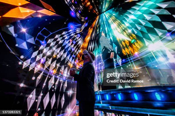 Visitor enjoys a Virtual Reality experience at the SK telecom booth on day 1 of the GSMA Mobile World Congress on February 28, 2022 in Barcelona,...