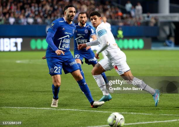 Adil Rami of Troyes, Luis Henrique of Marseille during the Ligue 1 Uber Eats match between ESTAC Troyes and Olympique de Marseille at Stade de l'Aube...