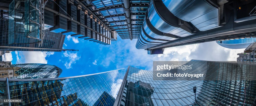 Financial district skyscrapers soaring blue sky City of London panorama