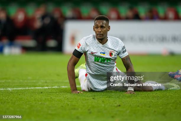 Reece Oxford of FC Augsburg looks on during the Bundesliga match between FC Augsburg and Borussia Dortmund at WWK-Arena on February 27, 2022 in...