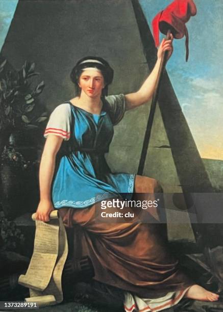 marianne, symbol of france, la liberté - red revolution stock illustrations