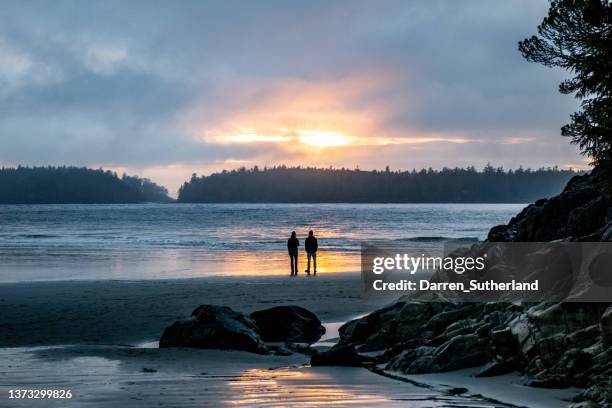 rear view of two adults standing on beach at sunset, tofino, vancouver island, british columbia, canada - tofino foto e immagini stock