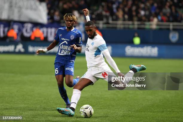 Gerson Santos da Silva of Marseille, Rominigue Kouame of Troyes during the Ligue 1 Uber Eats match between ESTAC Troyes and Olympique de Marseille at...