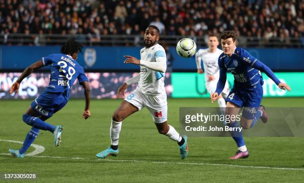 Gerson Santos da Silva of Marseille, Giulian Biancone of Troyes during the Ligue 1 Uber Eats match between ESTAC Troyes and Olympique de Marseille at...