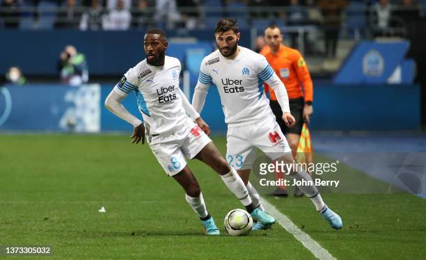 Gerson Santos da Silva, Sead Kolasinac of Marseille during the Ligue 1 Uber Eats match between ESTAC Troyes and Olympique de Marseille at Stade de...