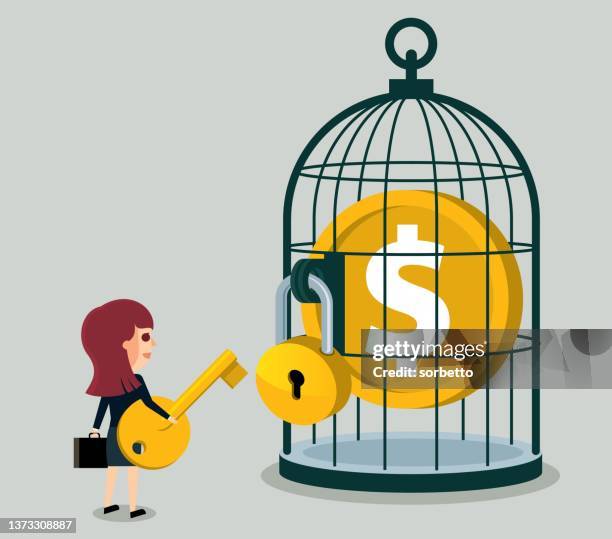 money in large birdcage - businesswoman - releasing money stock illustrations