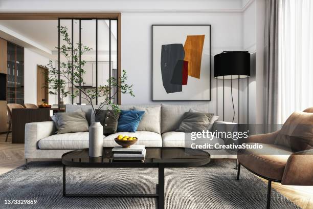 modernes wohnzimmer-interieur - 3d-rendering - grauer raum stock-fotos und bilder