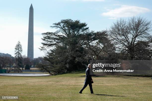 President Joe Biden walks on the South Lawn of the White House after returning on Marine One from Delaware on February 28, 2022 in Washington, DC....