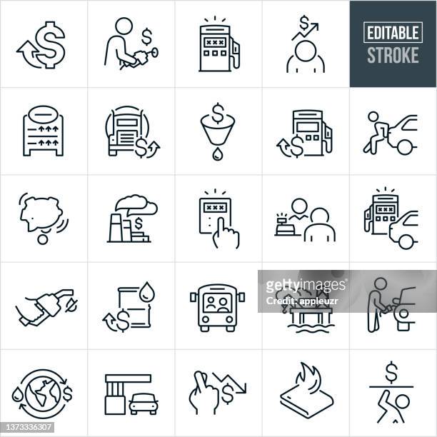 high gas prices thin line icons - editable stroke - refueling stock illustrations