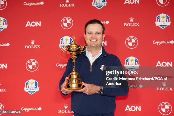 United States Ryder Cup Captain, Zach Johnson poses with the Ryder Cup trophy during the 2023 United States Ryder Cup Captain Announcement at the PGA...