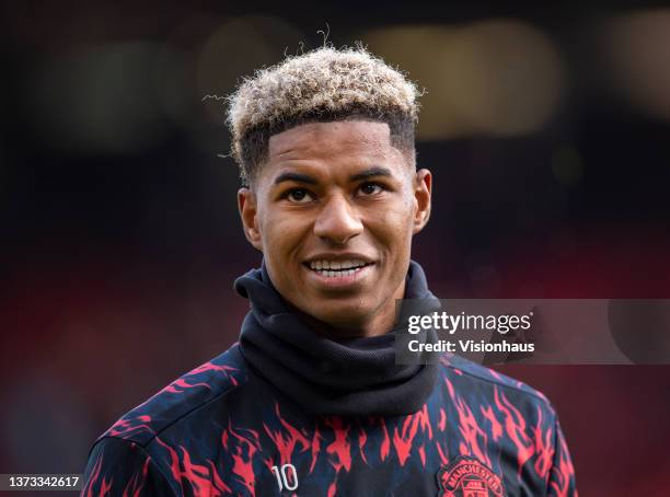 Marcus Rashford of Manchester United ahead of the Premier League match between Manchester United and Watford at Old Trafford on February 26, 2022 in...