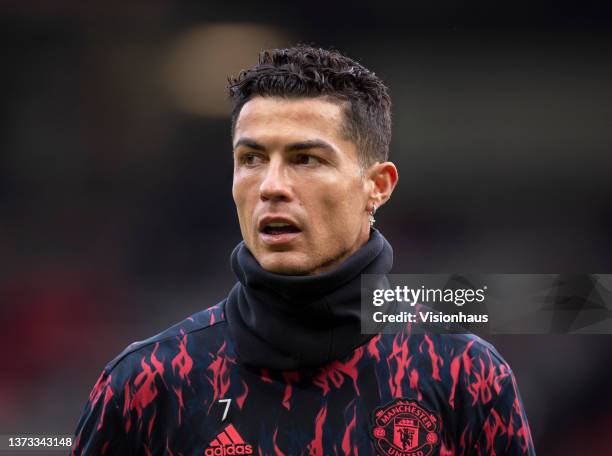 Cristiano Ronaldo of Manchester United ahead of the Premier League match between Manchester United and Watford at Old Trafford on February 26, 2022...