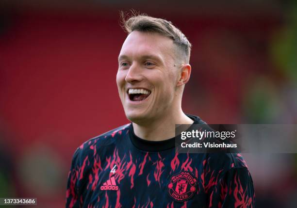 Phil Jones of Manchester United ahead of the Premier League match between Manchester United and Watford at Old Trafford on February 26, 2022 in...