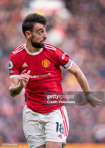 Bruno Fernandes of Manchester United during the Premier League match between Manchester United and Watford at Old Trafford on February 26, 2022 in...