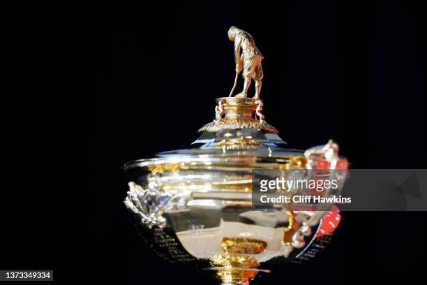 The Ryder Cup is displayed prior to Zach Johnson being announced as United States Ryder Cup Captain for 2023 during a press conference at PGA of...