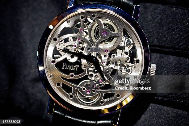 An Altiplano Skeleton 1200S wristwatch by Piaget, a watchmaking unit of Cie. Financiere Richemont SA, is arranged for a photograph during the Salon...