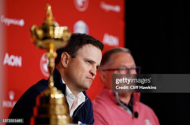 Zach Johnson and PGA of America President Jim Richerson speaks with the media as Johnson is announced as United States Ryder Cup Captain for 2023...